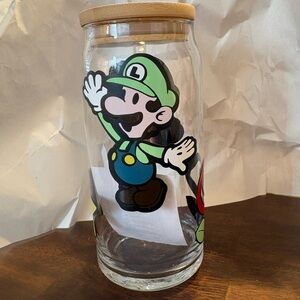 Mario Theme Glass Cup w/ bamboo lid & straw